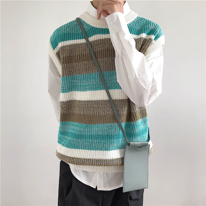 2022 Sweater Vest Men Round Neck Loose Korean Fashion Vintage All-match Knitting Jumpers Students Korean Preppy Chic